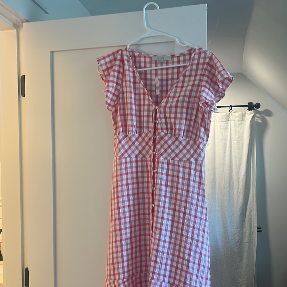 LOFT Pink and White Gingham Maxi Dress